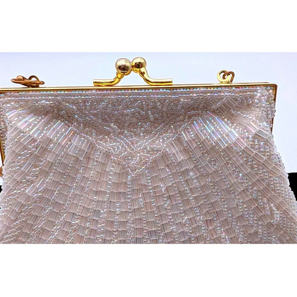 Carla Marchi Beaded Shell Clutch Bag Iridescent White Gold Tone Vintage Style